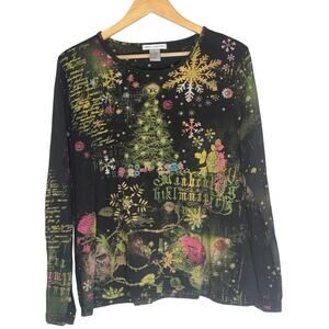 Vintage Y2K Novelty Christmas Winter Scene Long Sleeve Tee Womens XL Rhinestones